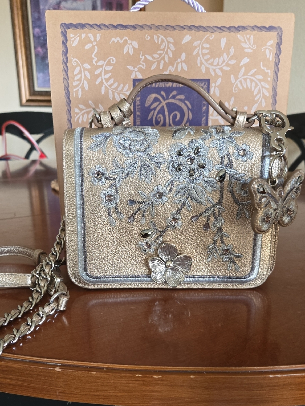 Brighton Gold Floral Mini Crossbody with Silver Embroidery